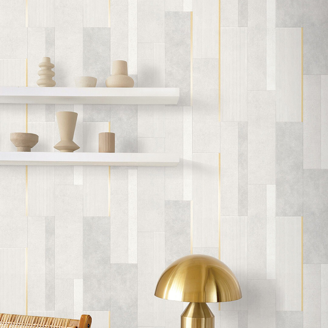 White & Gold Geometric Block Wallpaper