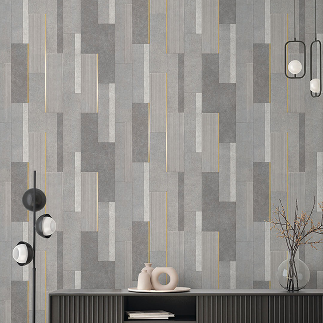 Charcoal Grey & Gold Geometric Block Wallpaper