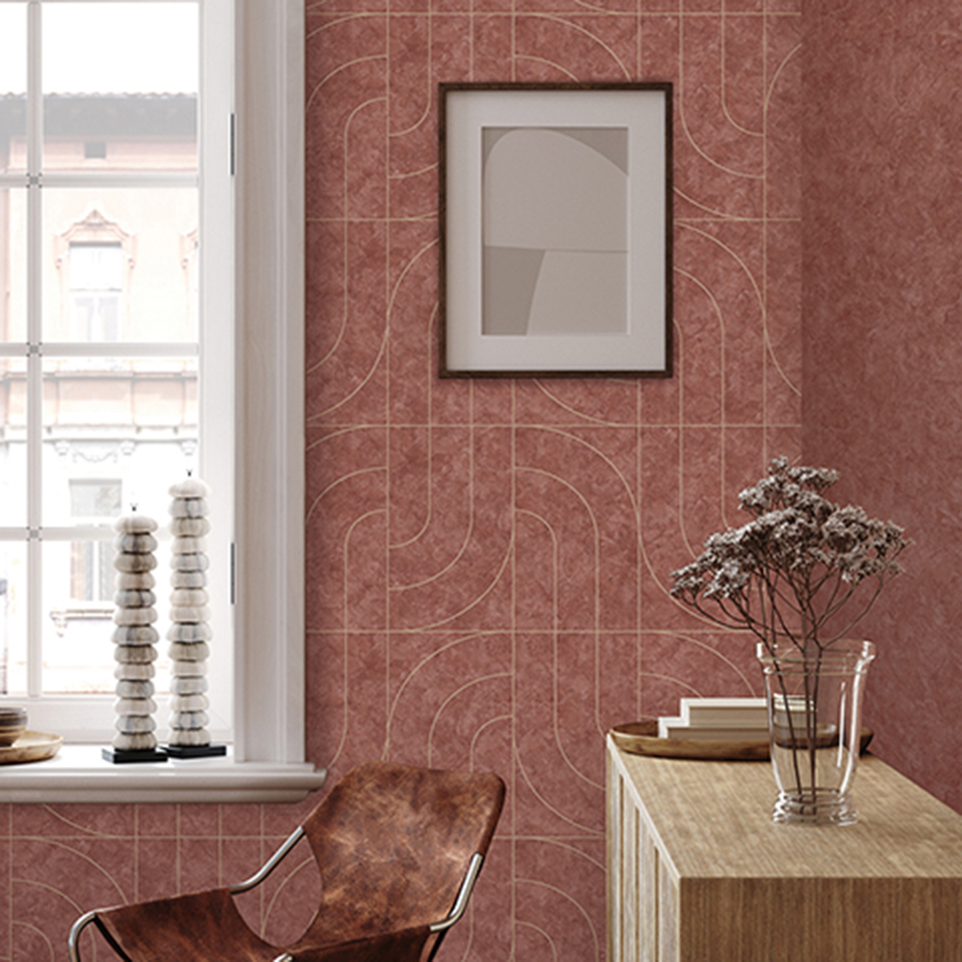 Maroon & Gold Retro Curve Geometric Wallpaper