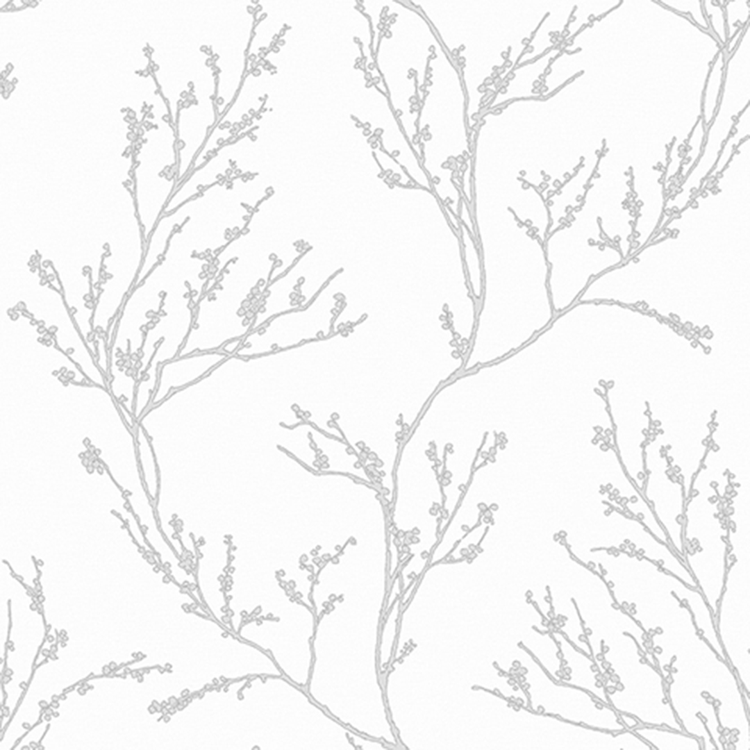 White & Silver Blossom Branch Wallpaper