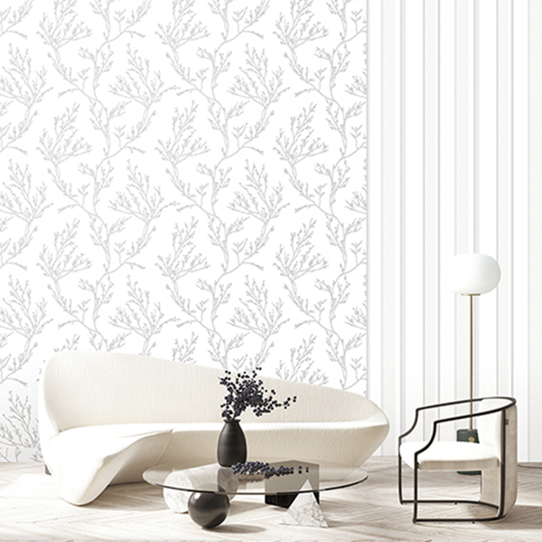 White & Silver Blossom Branch Wallpaper