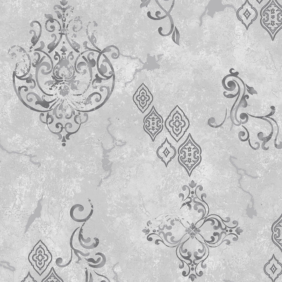 Grey & Silver Ornamental Damask Wallpaper