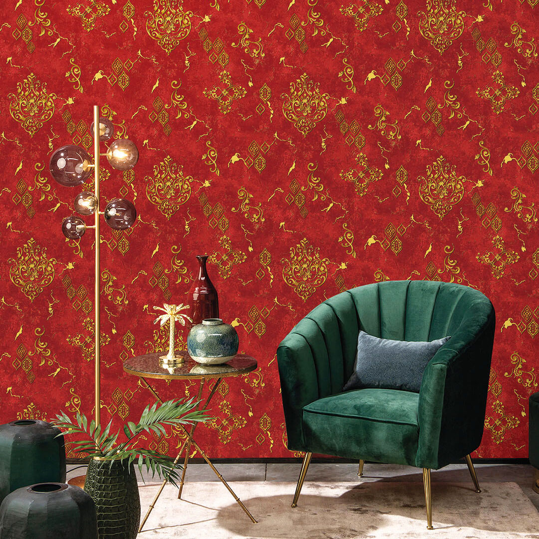Red & Gold Ornamental Damask Wallpaper