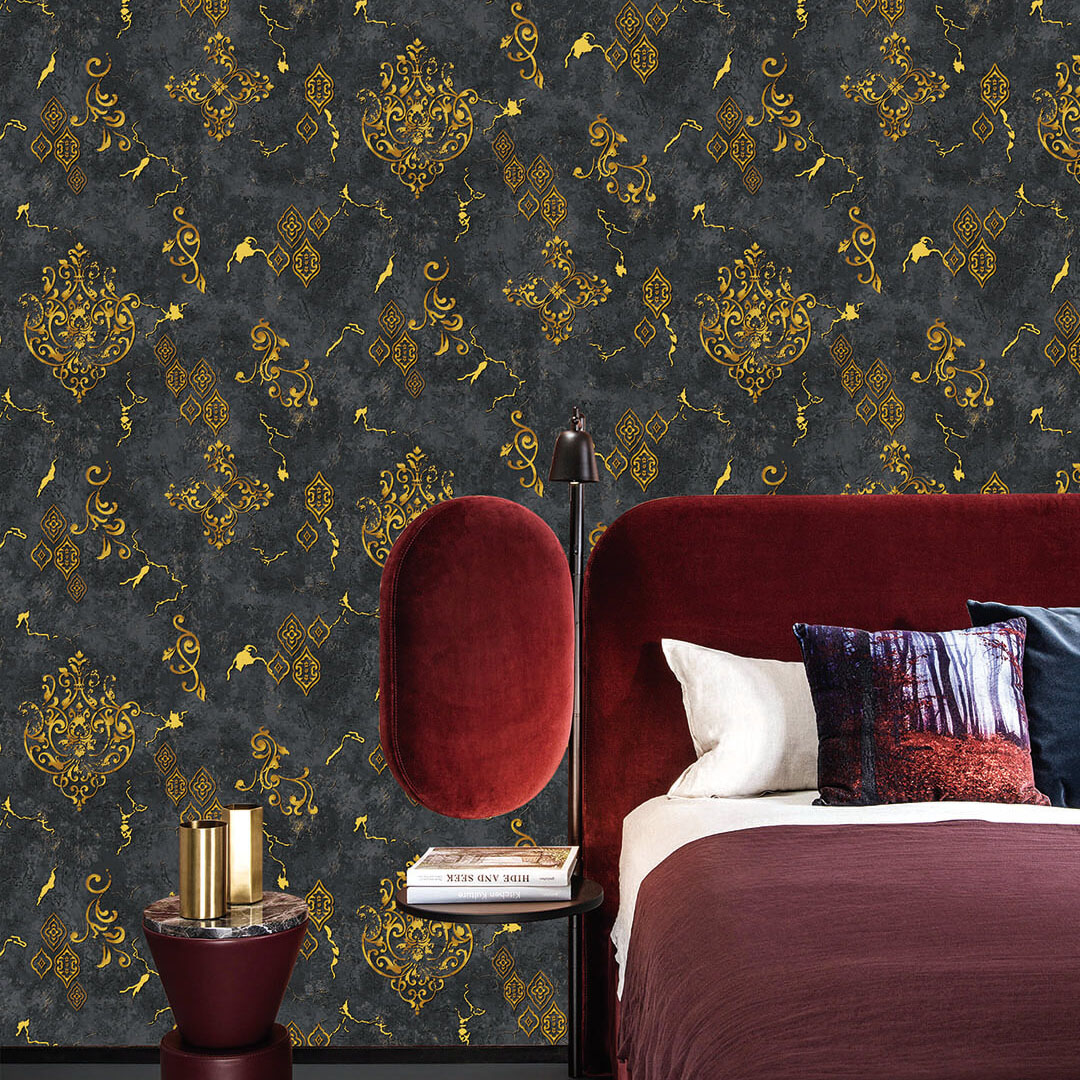 Charcoal Black & Gold Ornamental Damask Wallpaper