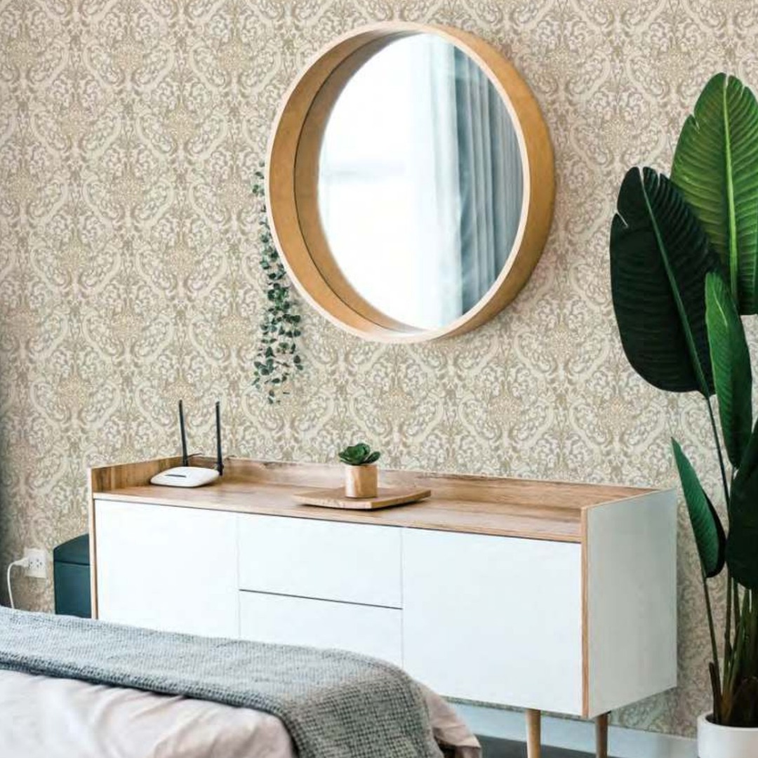 Sand Beige Classic Damask Wallpaper