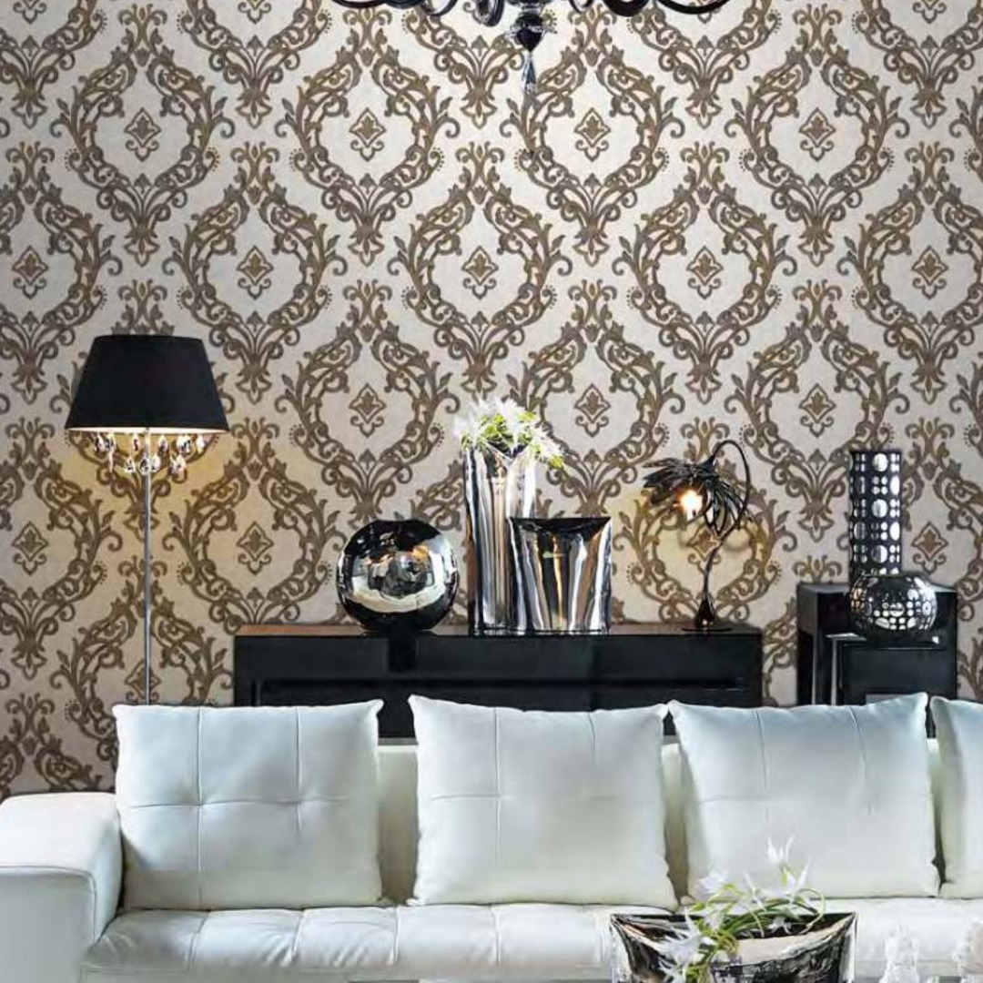 Sand Beige Ornate Scroll Damask Wallpaper
