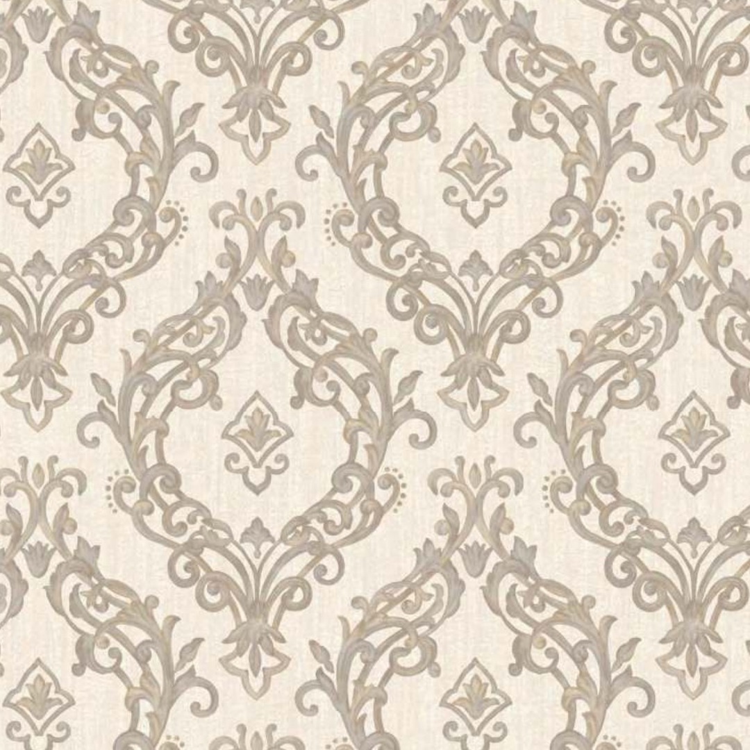 Warm Beige Ornate Scroll Damask Wallpaper