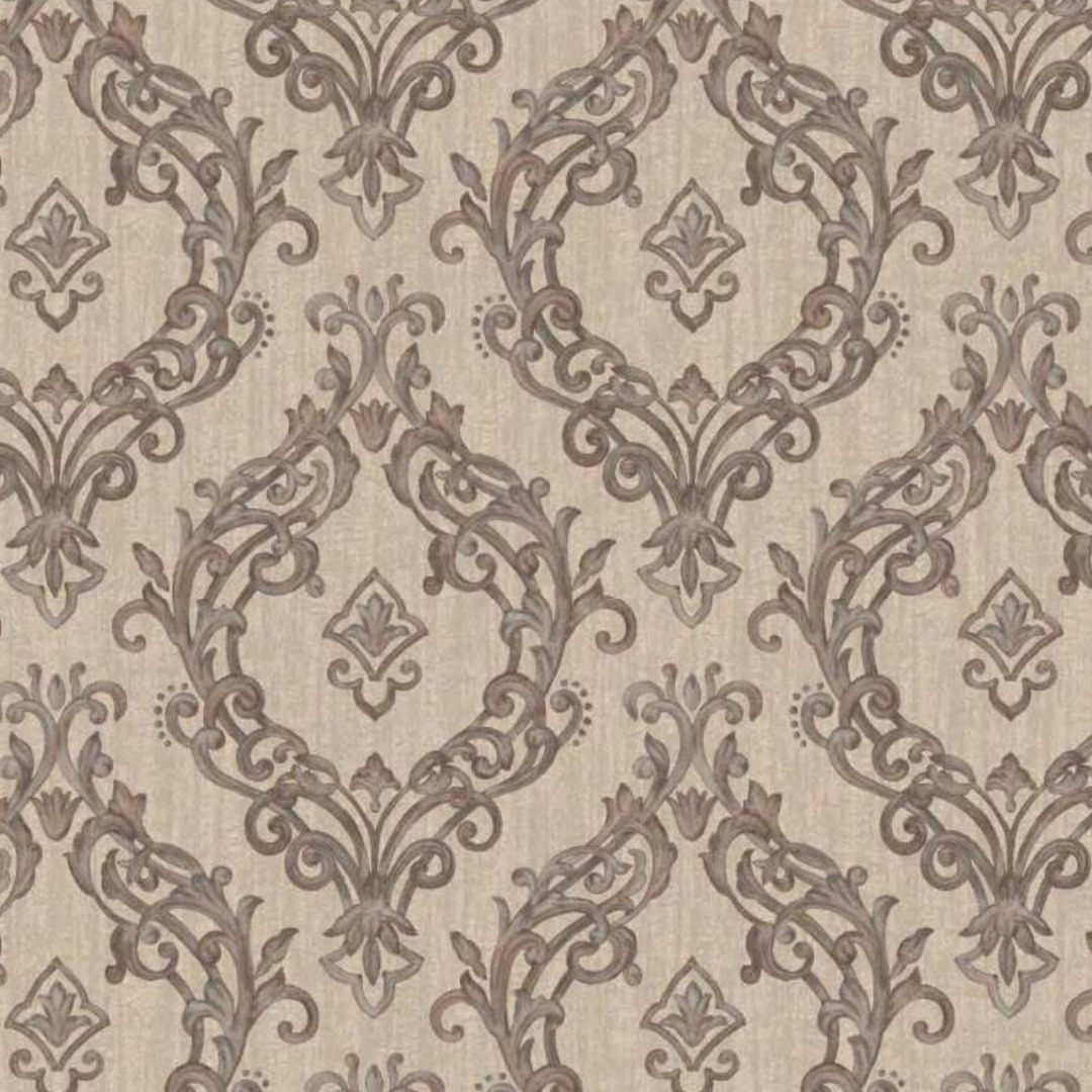 Taupe Brown Ornate Scroll Damask Wallpaper
