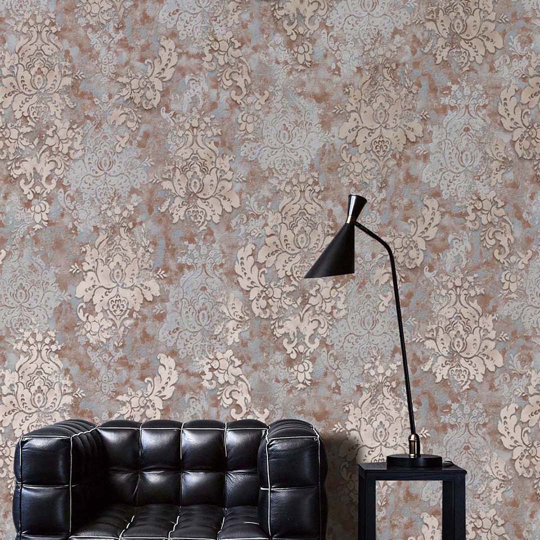 Blue Rose Gold Distressed Damask Wallpaper