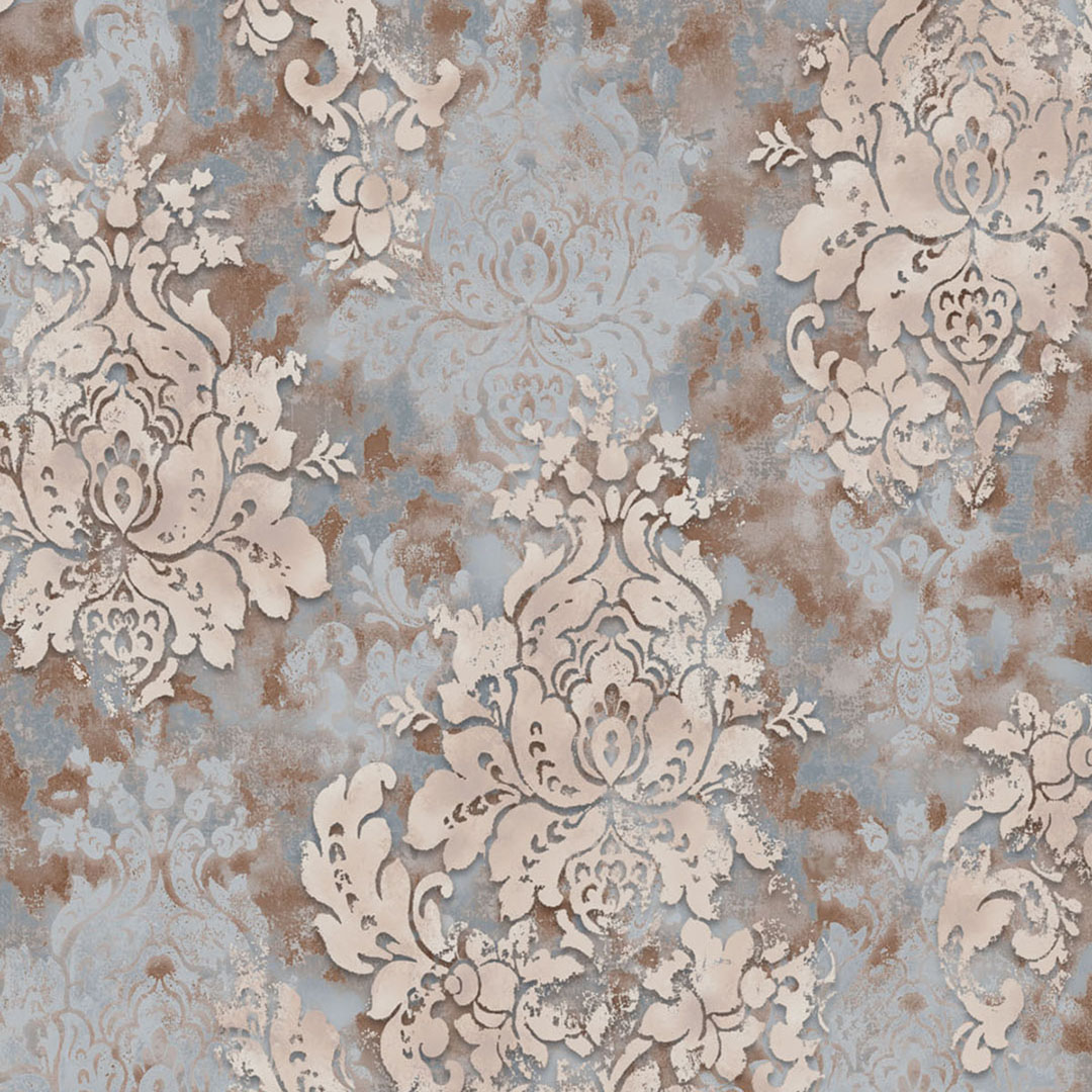 Blue Rose Gold Distressed Damask Wallpaper