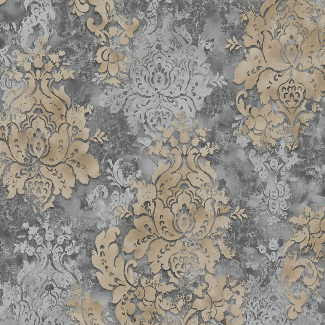 Charcoal Gold Distressed Damask Wallpaper