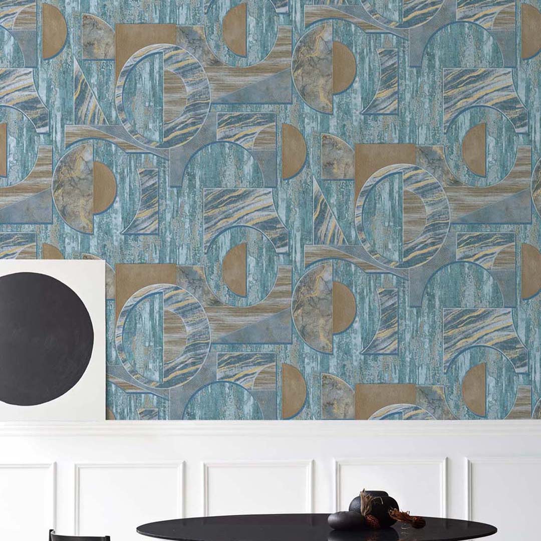 Blue Gold Art Deco Marble Geometric Wallpaper