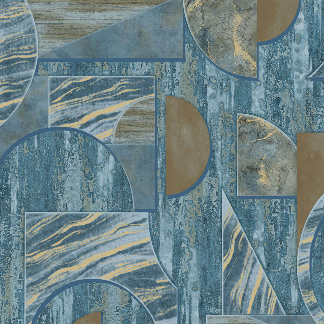Blue Gold Art Deco Marble Geometric Wallpaper