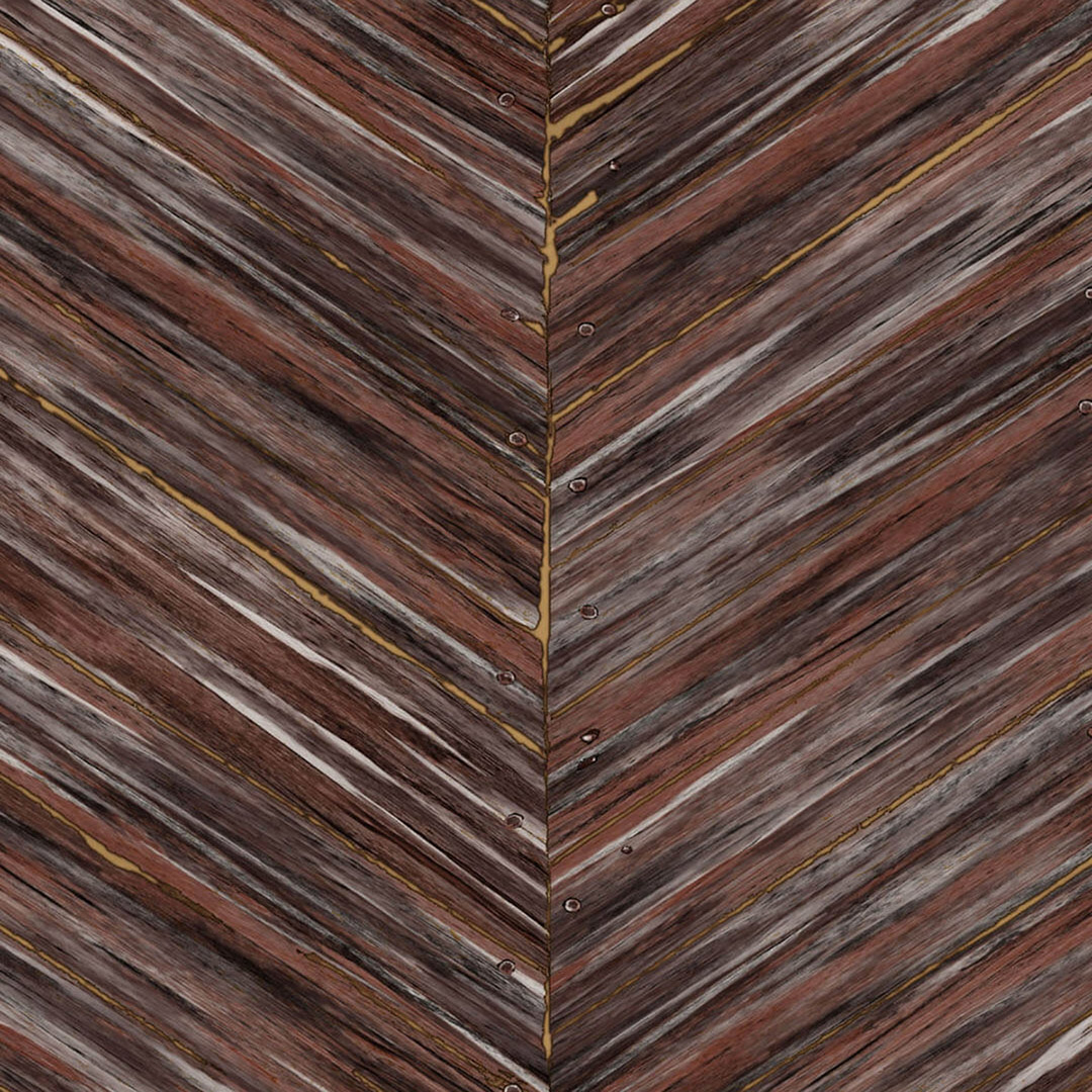 Mahogany Brown Herringbone Wood Plank Wallpaper