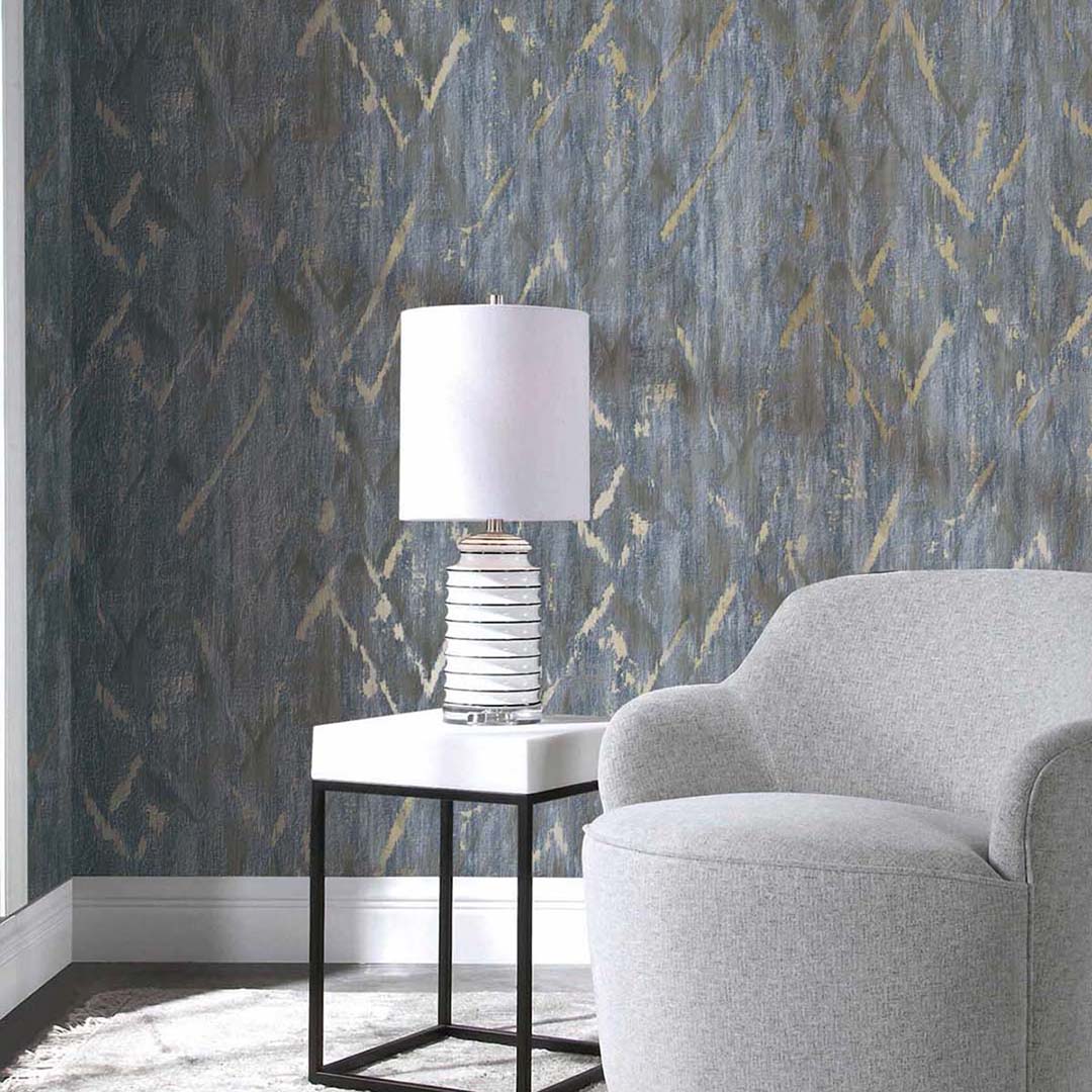 Blue Grey Gold Ikat Diamond Abstract Wallpaper