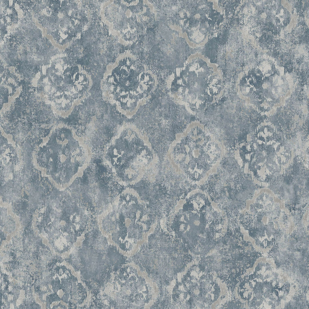 Blue Grey Distressed Ikat Medallion Wallpaper