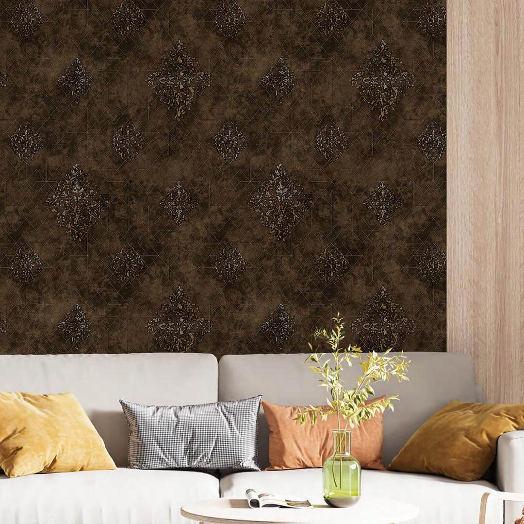 Brown Gold Damask Medallion Trellis Wallpaper