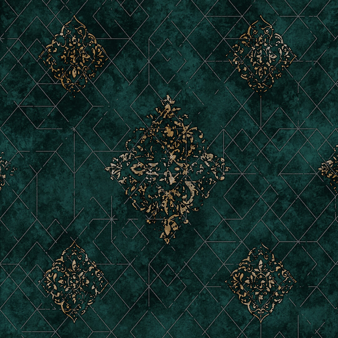 Teal Green Gold Damask Medallion Trellis Wallpaper