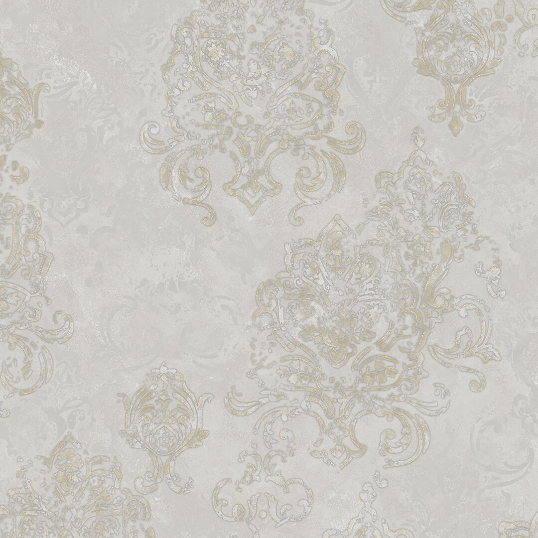 Grey Gold Baroque Damask Wallpaper