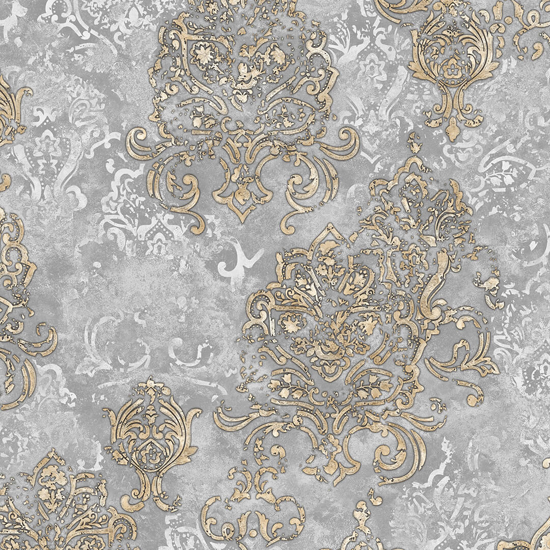 Grey Gold Ornate Baroque Damask Wallpaper