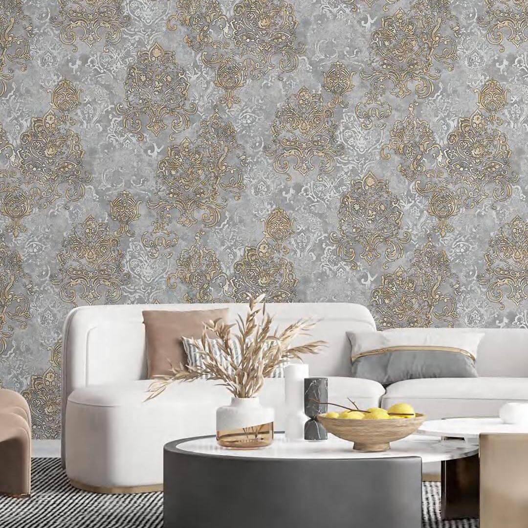 Grey Gold Ornate Baroque Damask Wallpaper