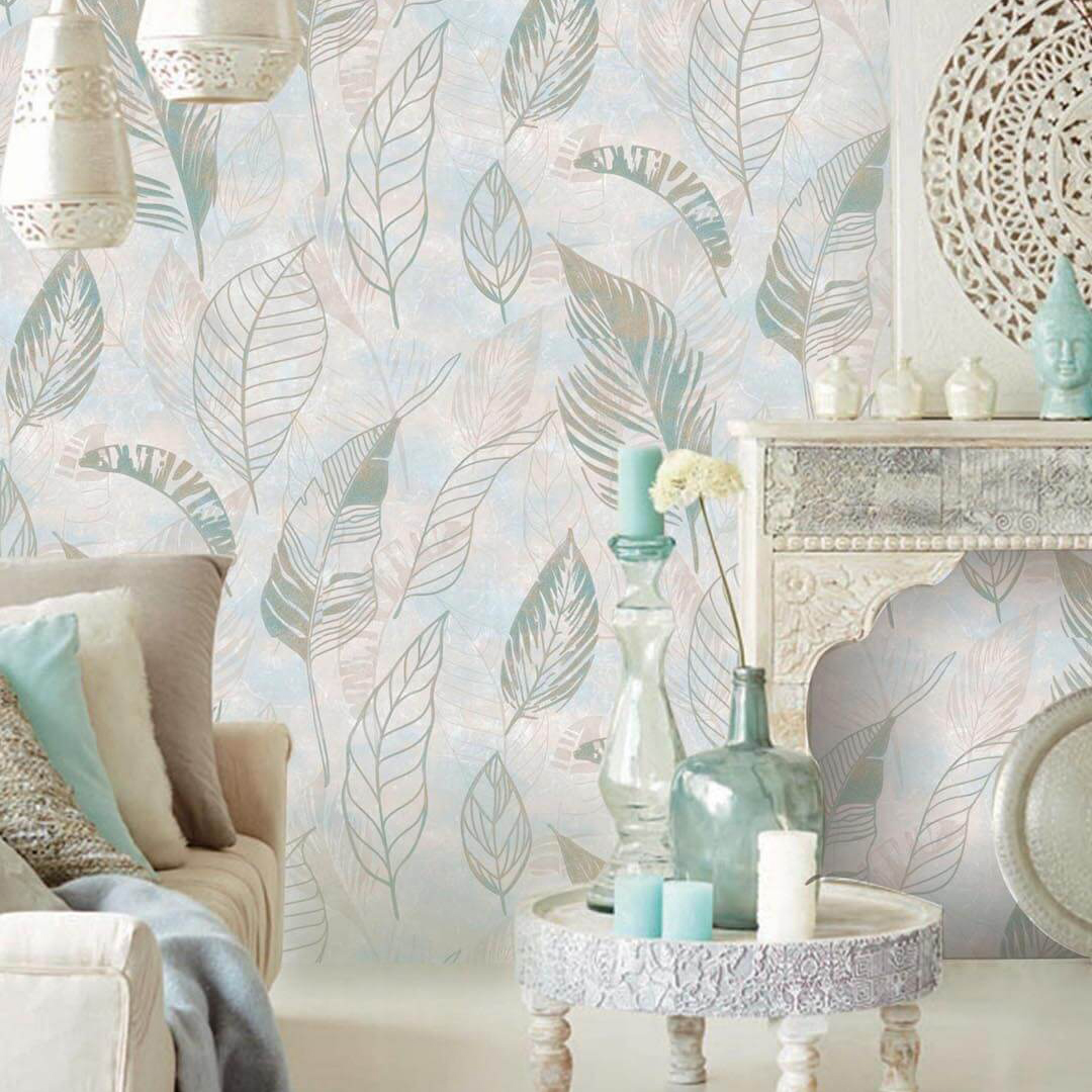Pastel Blue Tropical Leaf Botanical Wallpaper