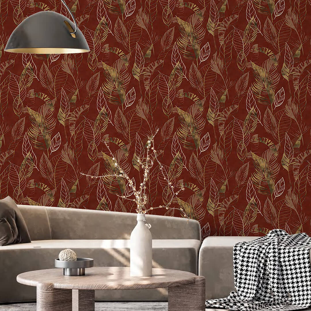 Red Gold Tropical Leaf Botanical Wallpaper