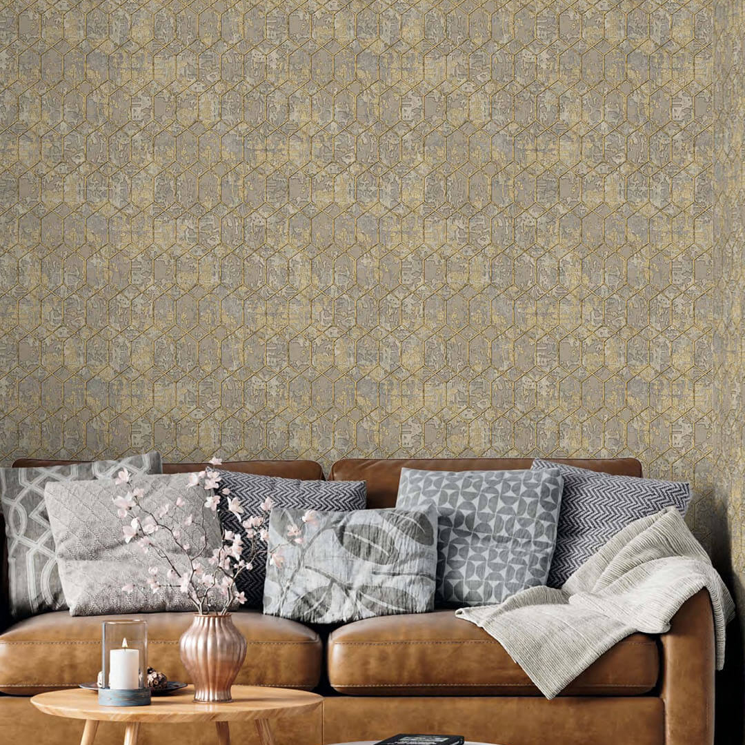 Beige Gold Hexagon Geometric Wallpaper
