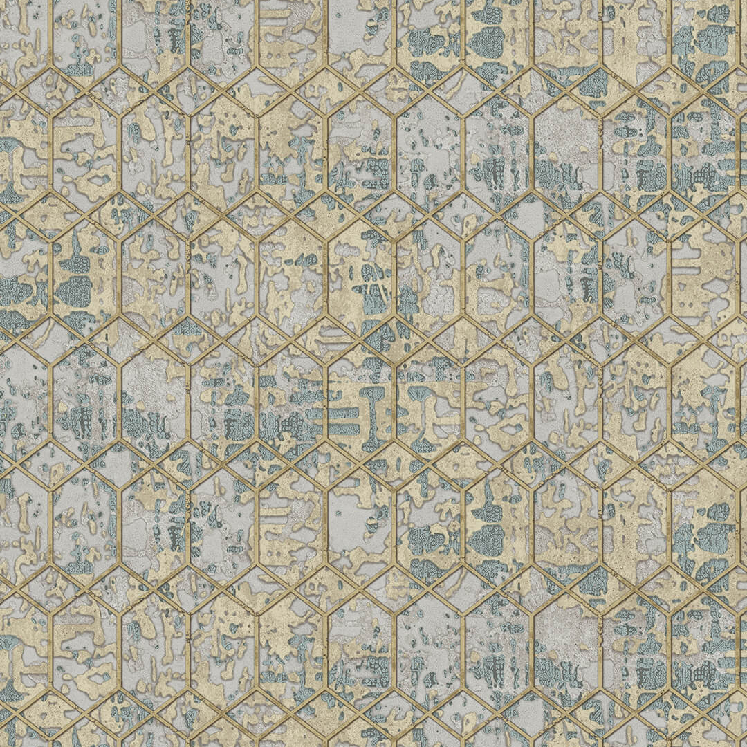 Blue Grey Gold Hexagon Geometric Wallpaper