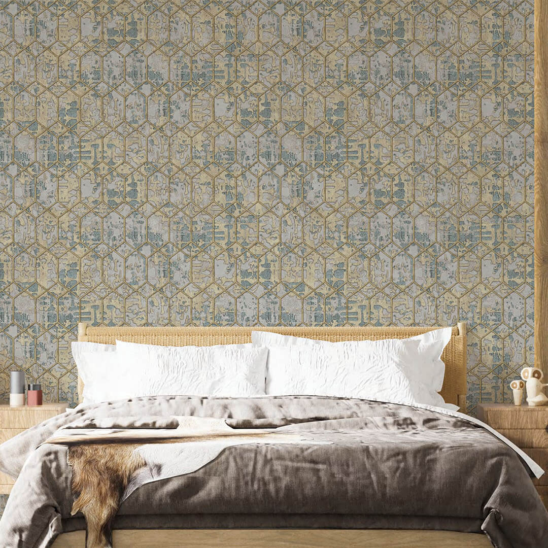 Blue Grey Gold Hexagon Geometric Wallpaper