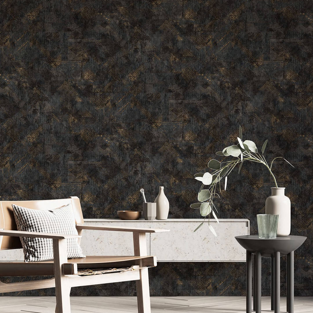 Black Gold Diagonal Patchwork Geometric Wallpaper