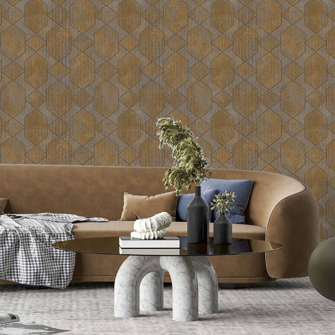 Bronze Gold Hexagon Herringbone Tile Wallpaper