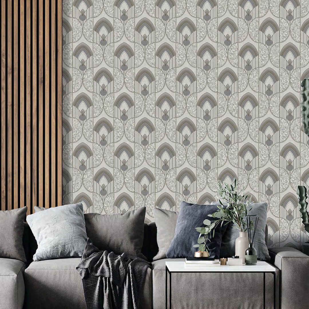 Grey Art Deco Fan Marble Geometric Wallpaper
