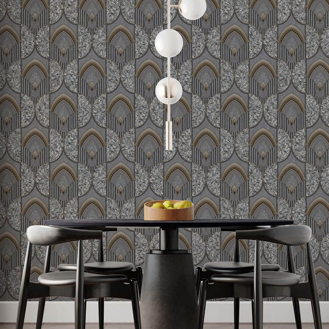 Charcoal Art Deco Fan Marble Geometric Wallpaper