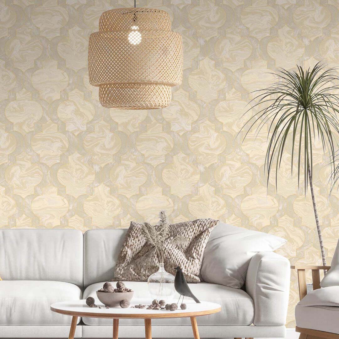 Cream Gold Art Deco Marble Trellis Wallpaper