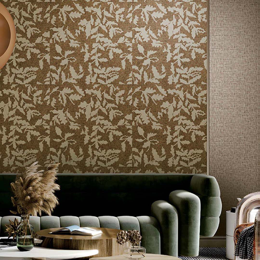 Walnut Brown & Cream Jute Leaf Wallpaper