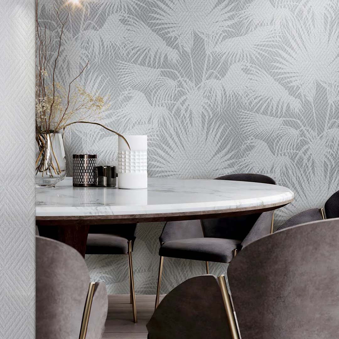 Soft Grey Palm Leaf Weave Wallpaper