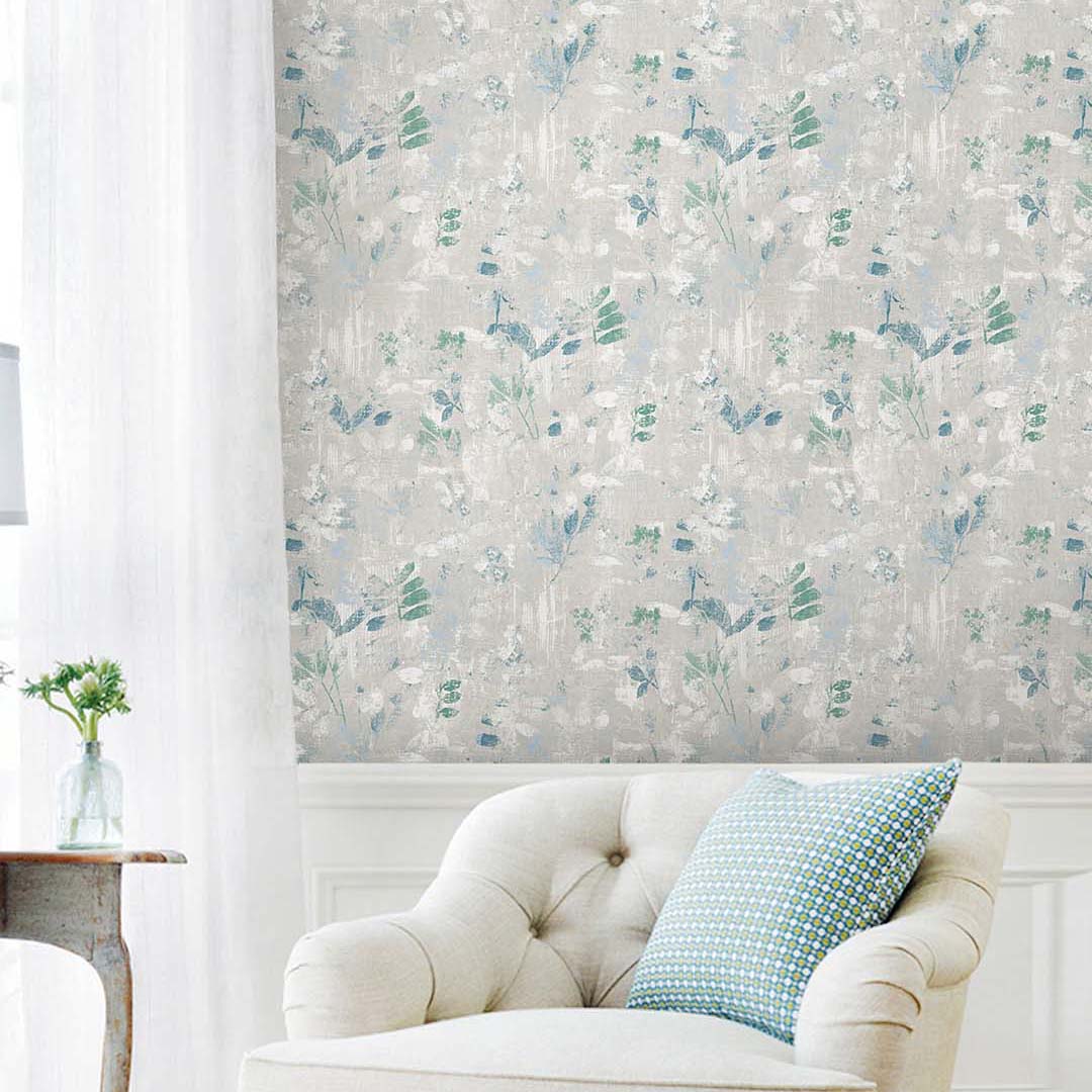 Grey Blue Painterly Leaf Wallpaper
