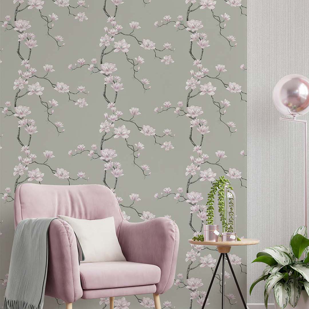 Sage Green Magnolia Branch Wallpaper