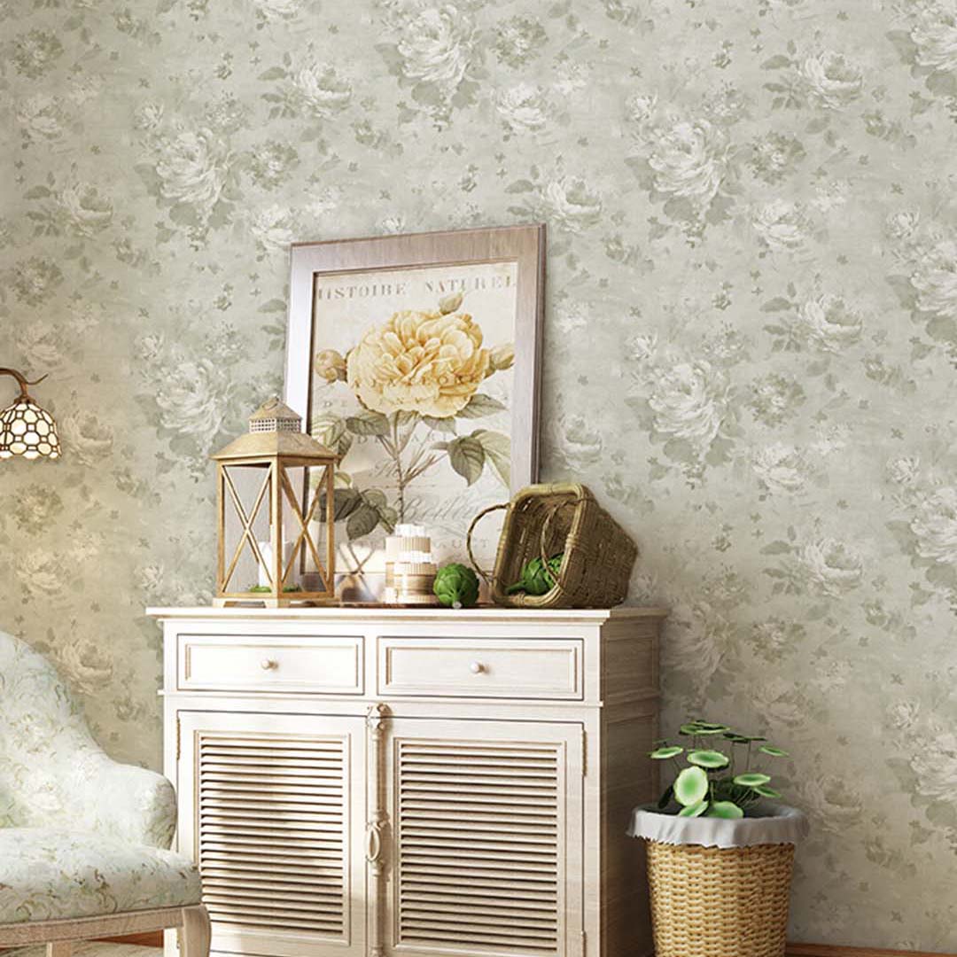Sage Vintage Rose Floral Wallpaper