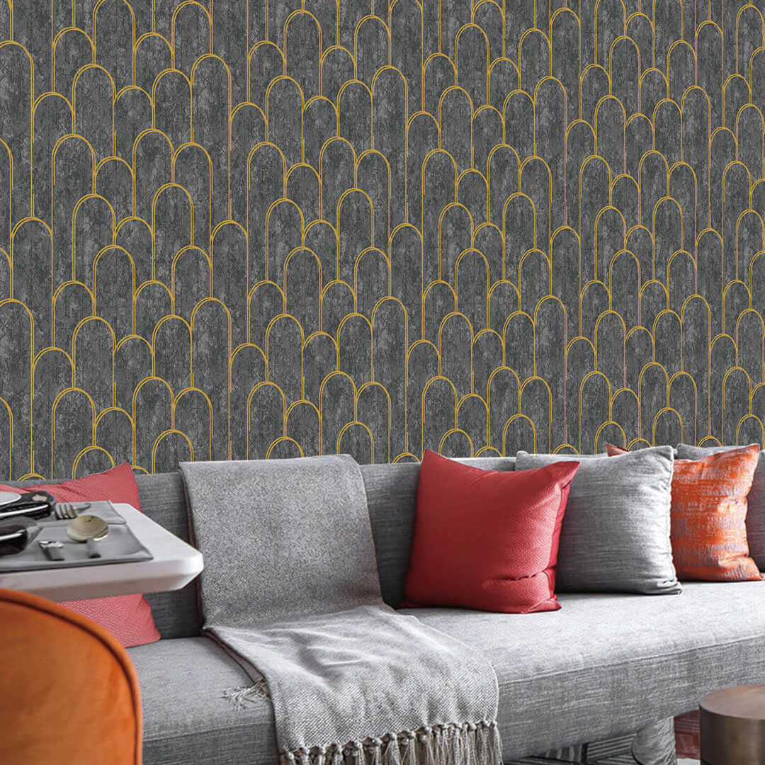 Charcoal & Gold Art Deco Arch Wallpaper
