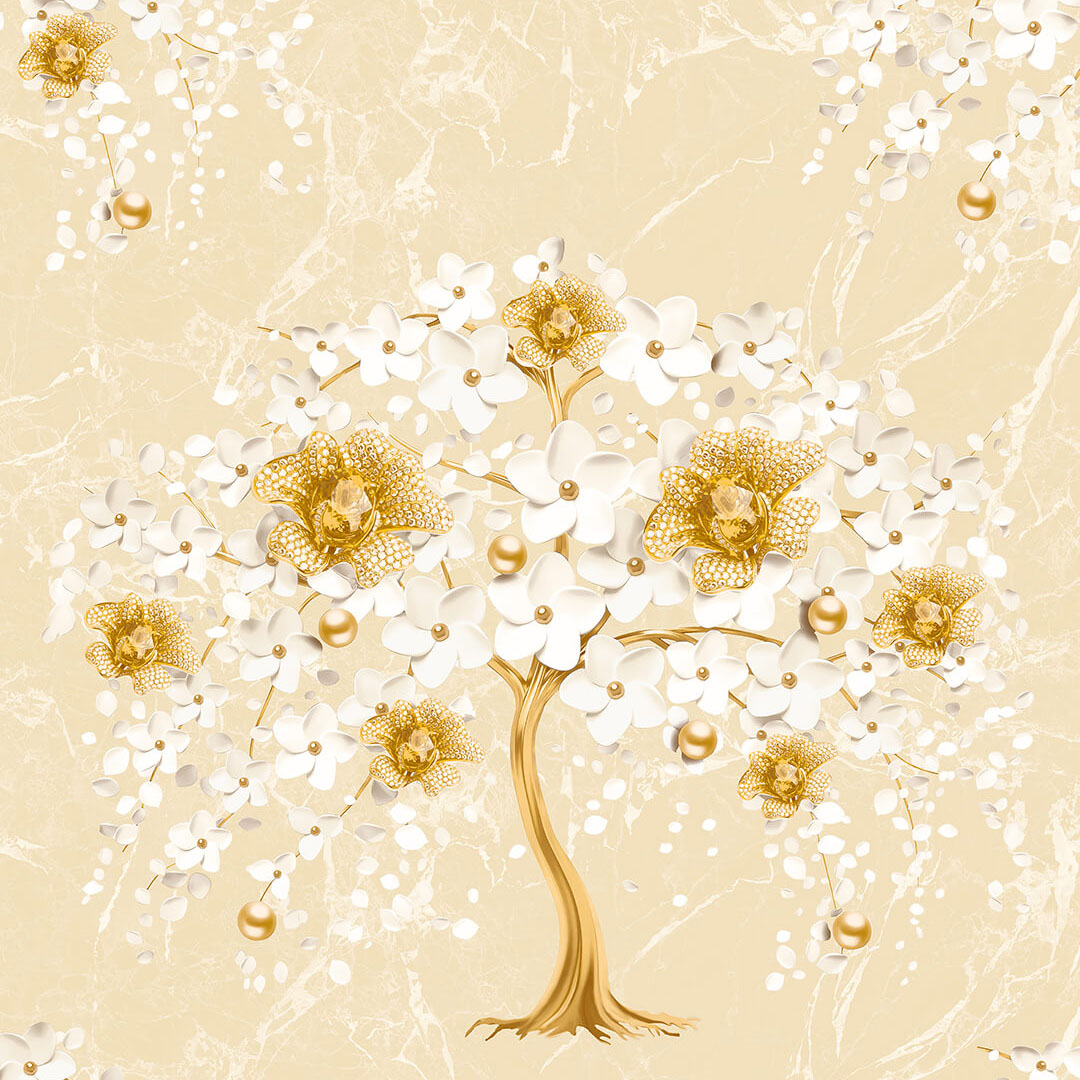 White & Gold 3D Blossom Tree Wallpaper