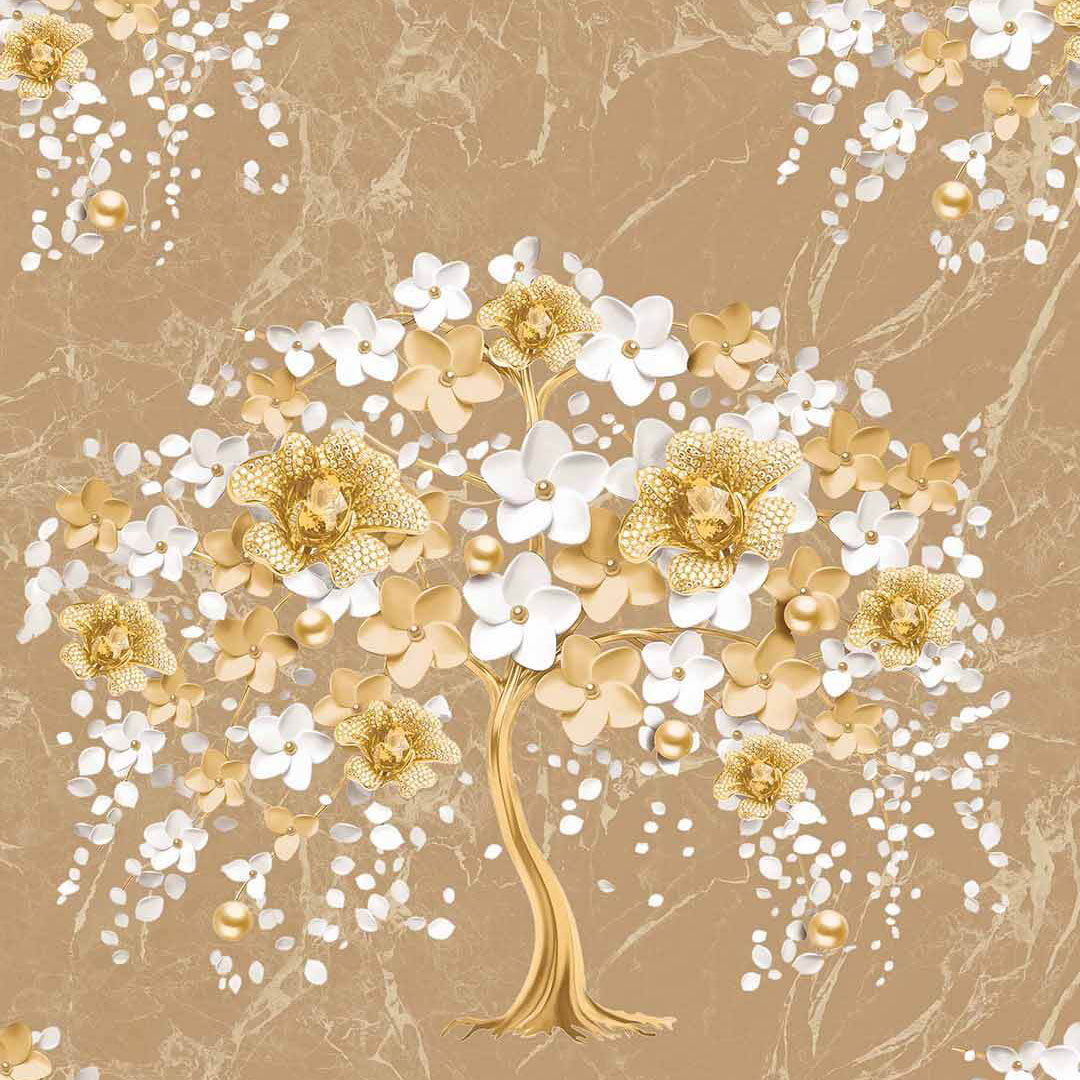 Tan & Gold 3D Blossom Tree Wallpaper