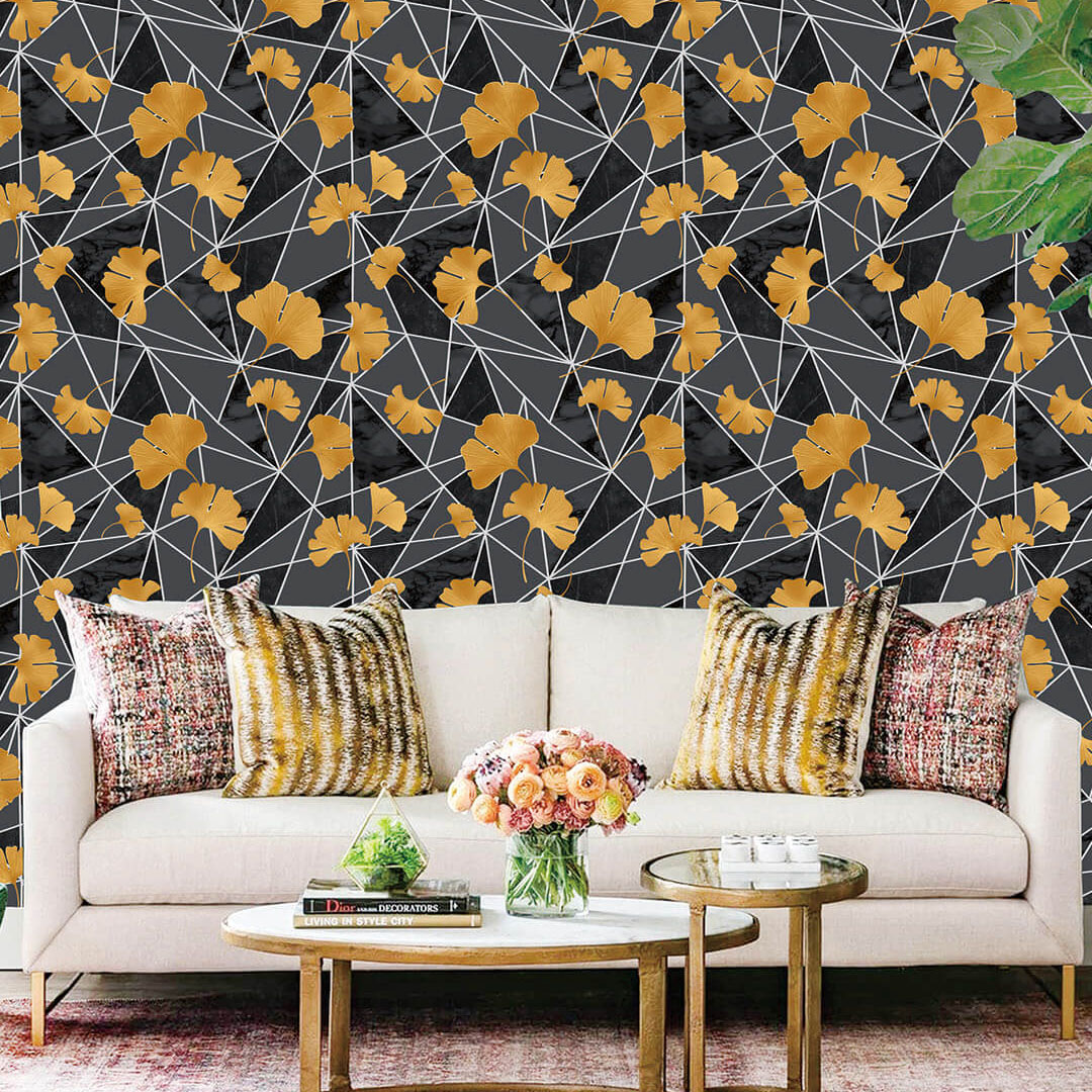 Black & Gold Ginkgo Leaf Wallpaper