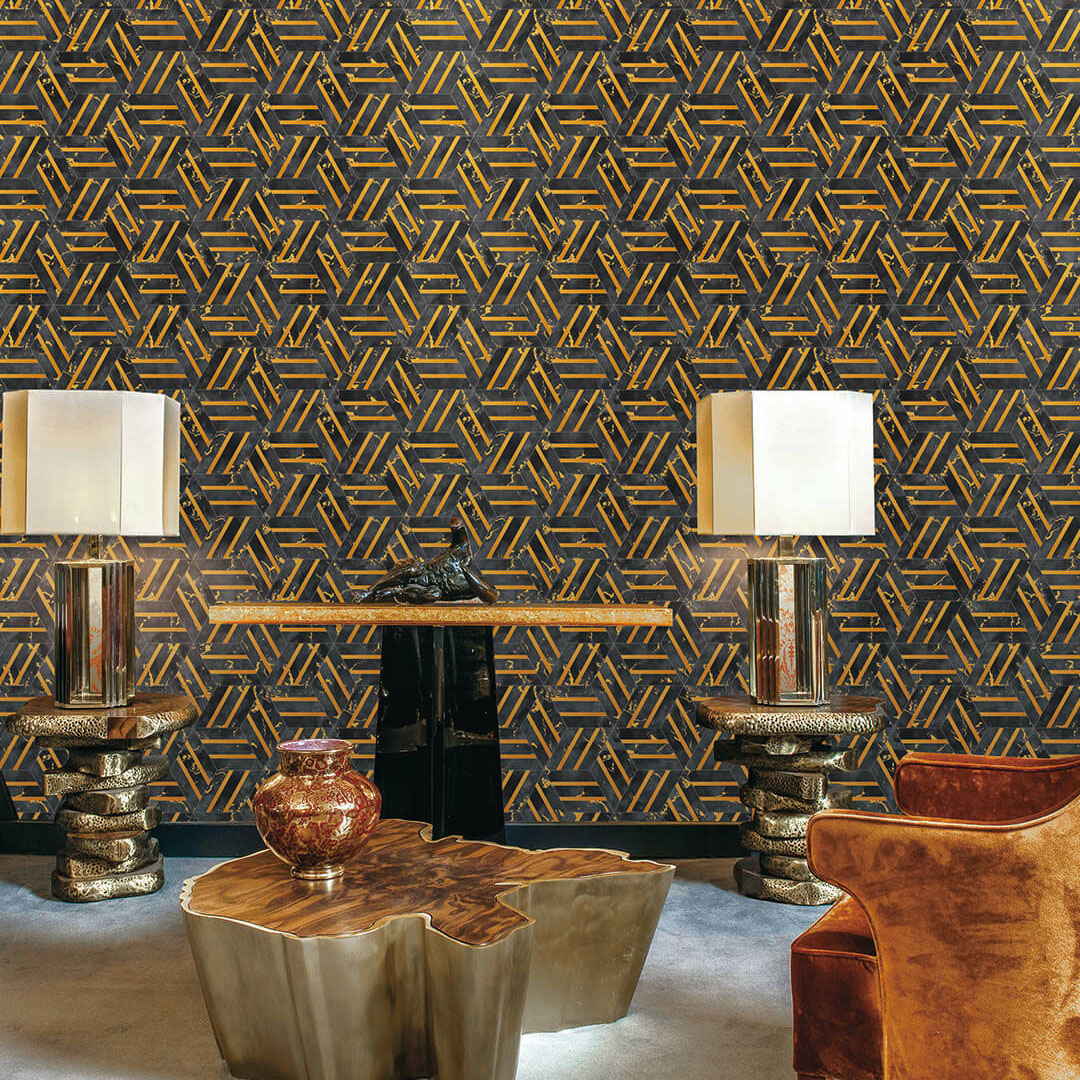 Black & Gold Geometric Hexagon Wallpaper