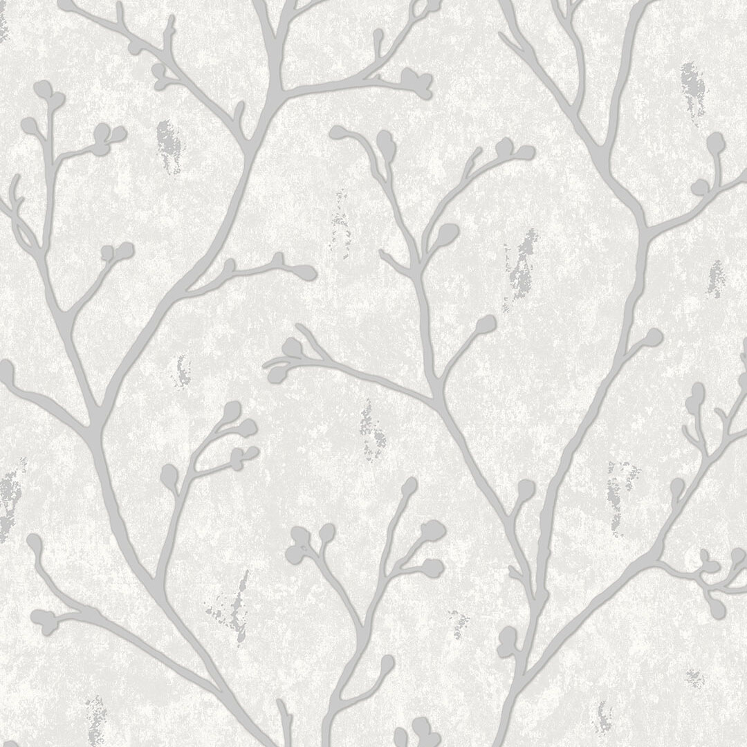 Grey & White Blossom Branch Wallpaper