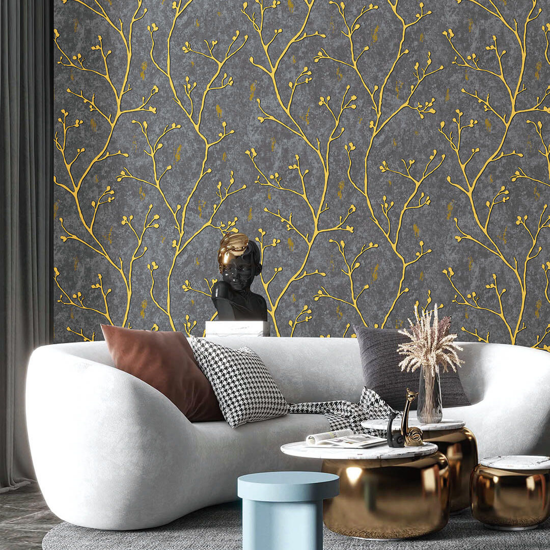 Charcoal & Gold Blossom Branch Wallpaper