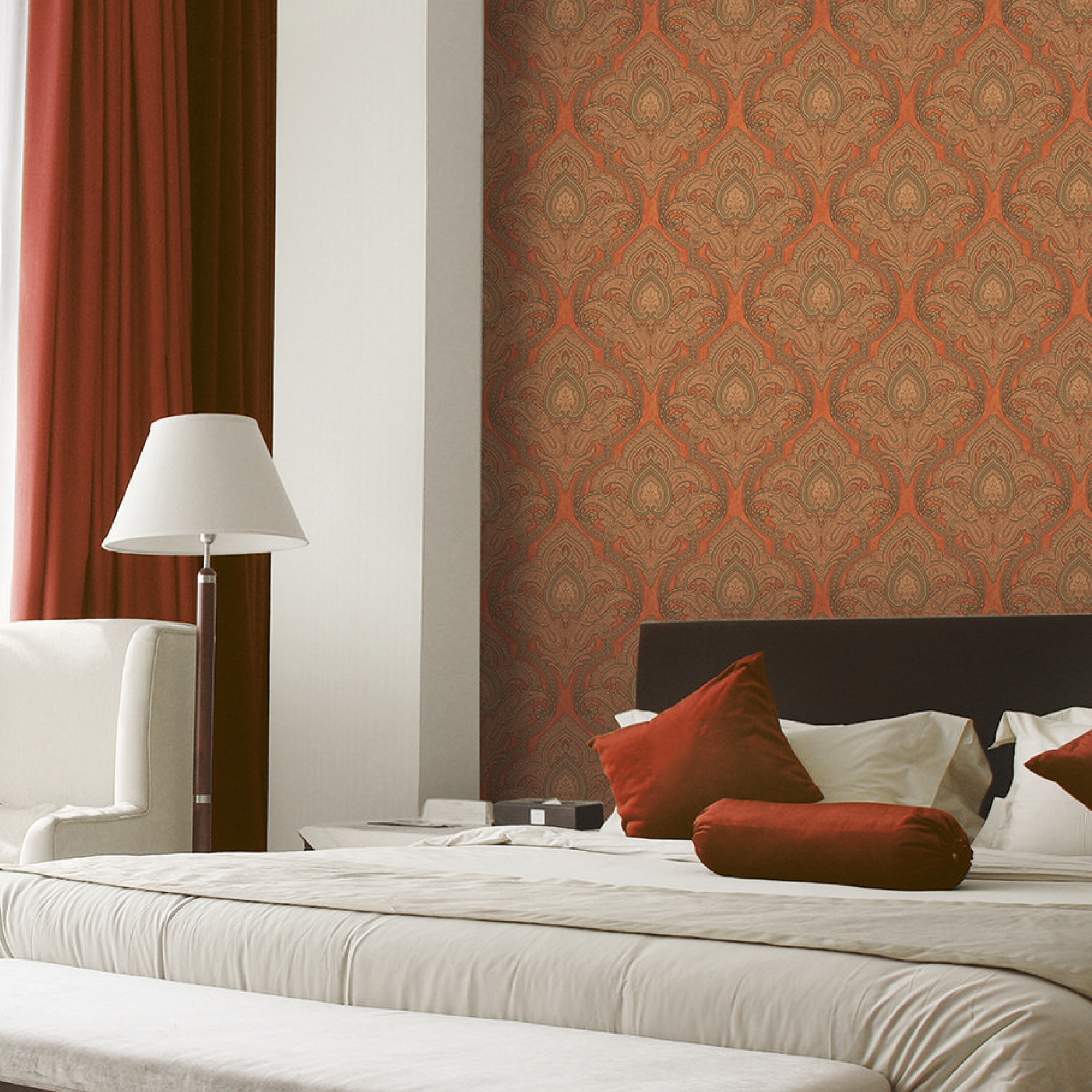 Orange Rust Paisley Damask Wallpaper
