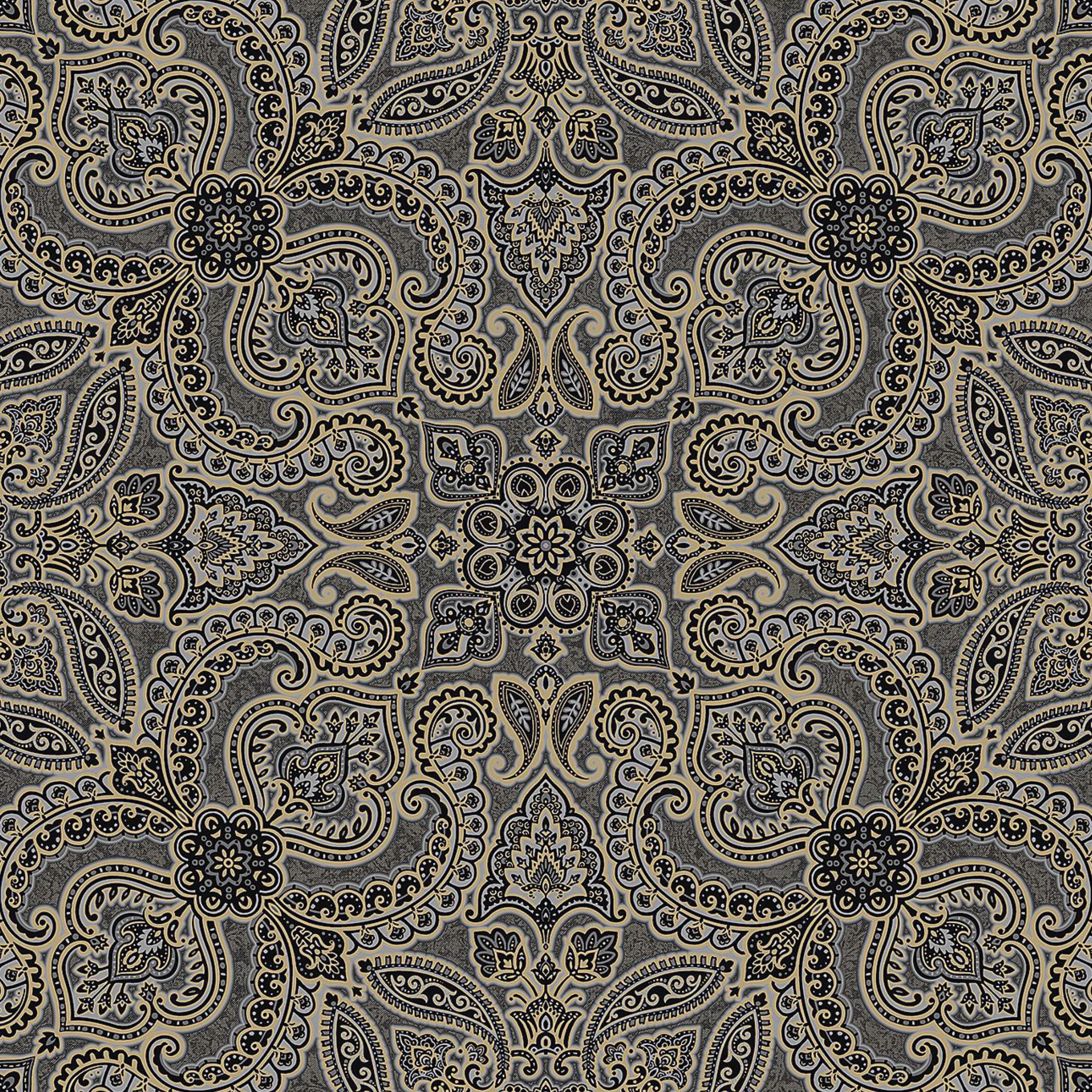 Grey Gold Paisley Bandana Medallion Wallpaper