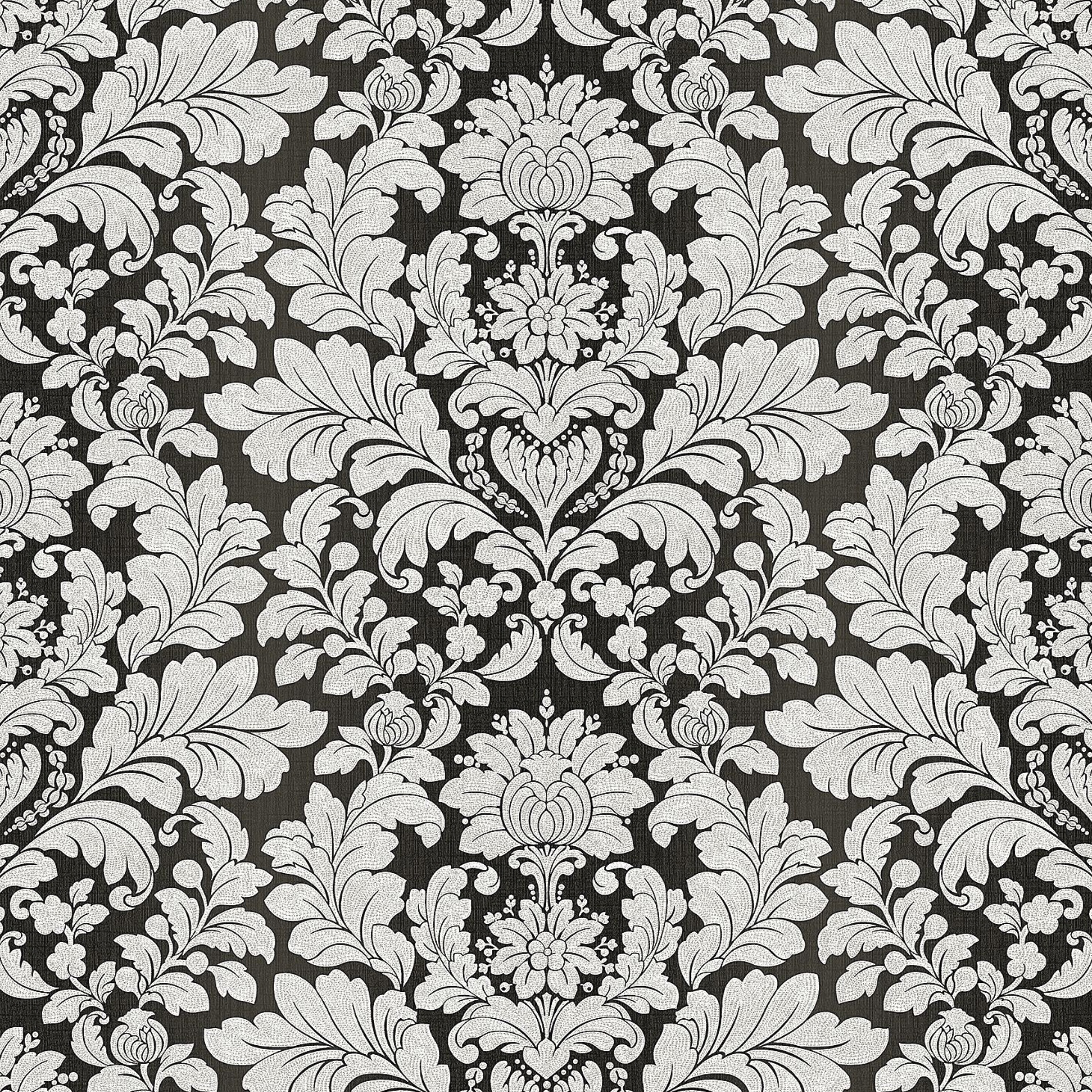 Black Silver Floral Damask Wallpaper